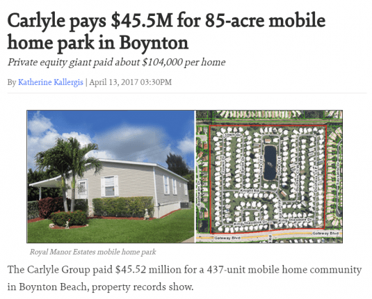 CarlylePays45.585AcreMobileHomeParkManufacturedHomeCommunityBoyntonBeachRoyalManorMHParkDailyBusinessNewsMHProNews