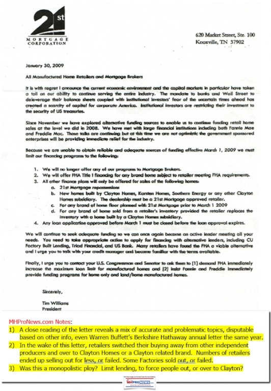 21stMortgageCorpLogoLetterheadJan302009TimWilliamsRetailersBrokersCutSpecifiedLendingMonopolisticPloyConcernManufacturedHomeDailyBusinessNewsMHProNews