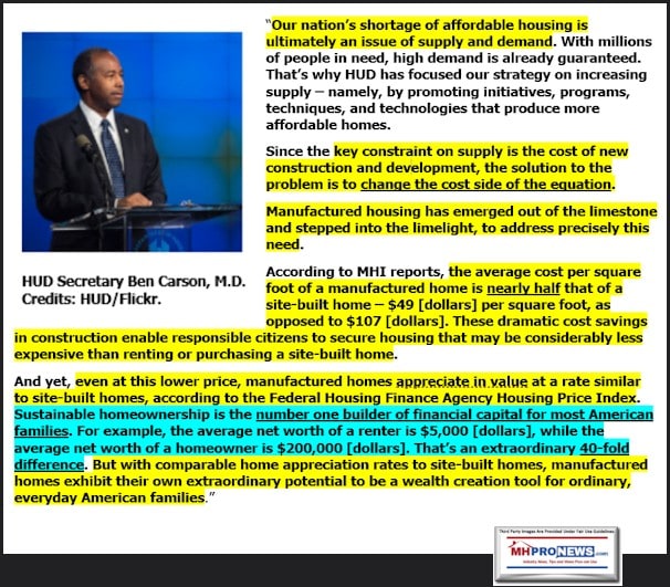 HUDSecretaryBenCarsonAffordableHousingSupplyDemandCostSavingsFHFAAppreciationSustainableOwnership5000renters200000OwnersQuotesMHProNews