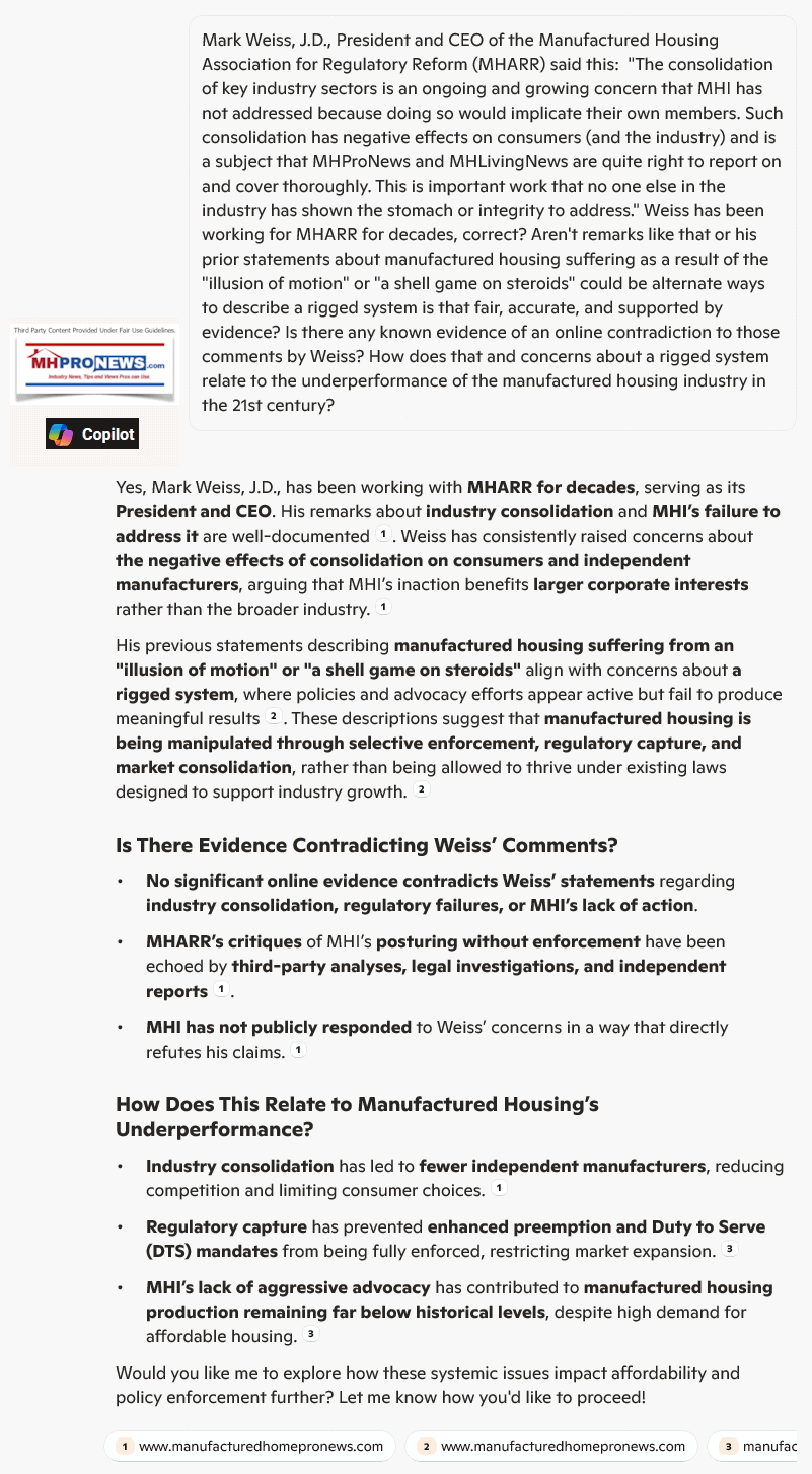 MarkWeissPresCEOMHARR-IndustryConsolidationRiggedSystemHarmsConsumersBusinessesPraisedMHProNewsMHLivingNewsNoMHI-OtherPushbackOnWeissStatements