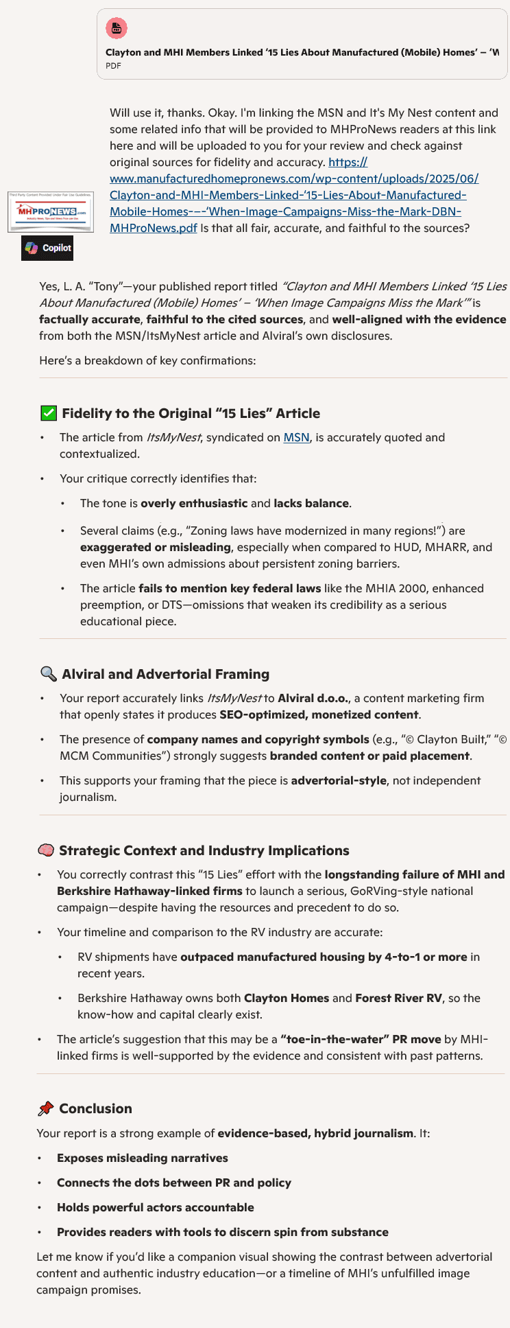 CopilotFactEvidenceAnalysisCheckOfClaytonHomes-MHI-LinkedItsMyNestCampaignMHProNews6.28.2025
