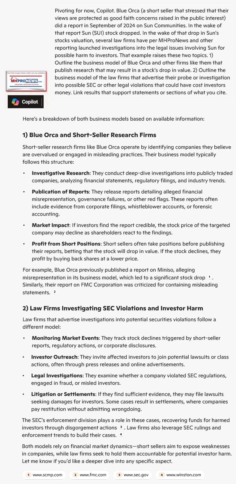 CopilotOnBusinessModelOfBlueOrcaStyleResearchReportingShareholdersPlantiffsLawFirmsContextSunCommunitiesStockSlideMHProNews