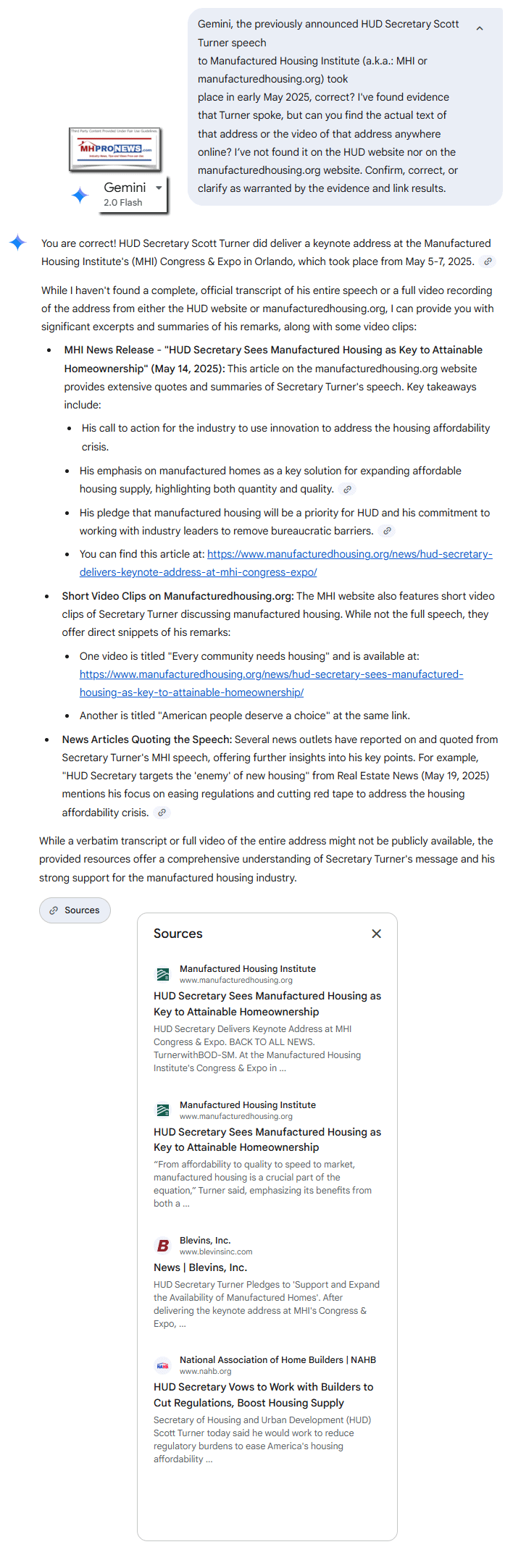GeminiSearch6.13.2025ManufacturedHousingInstiuteHUD-SecScottTurnerAddressOrlandoMHI-MeetingMHProNewsFactCheck