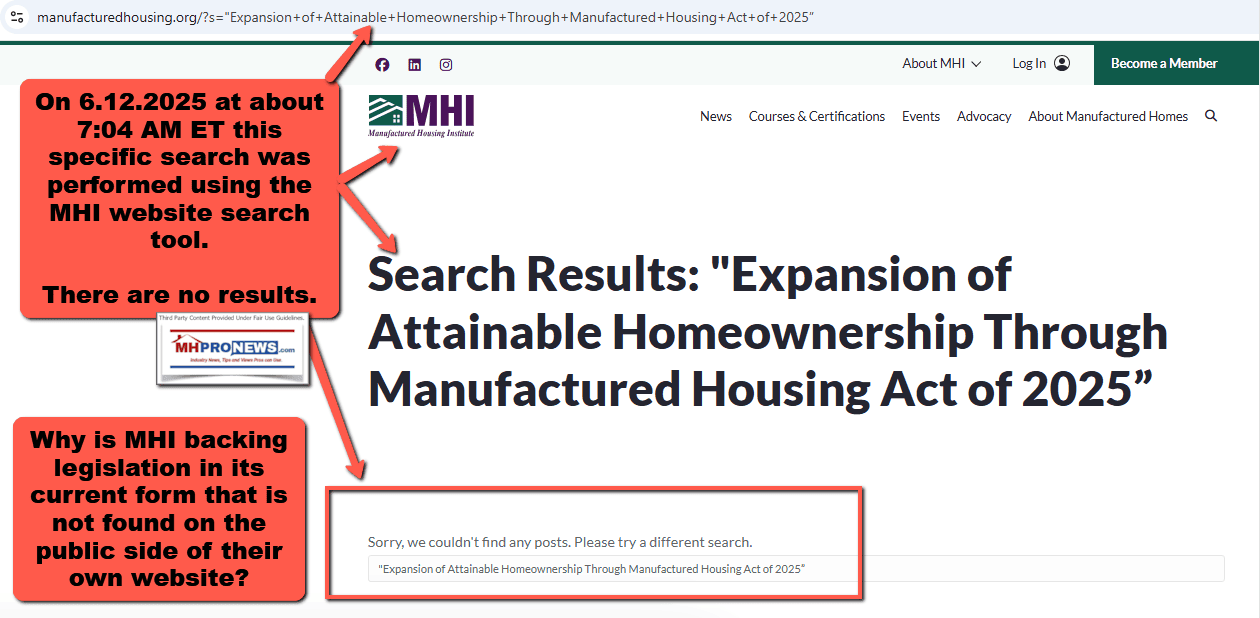 ManufacturedHousingInstituteManufacturedHousing.orgOn 'Expansion of Attainable Homeownership Through Manufactured Housing Act of 2025' MHProNews Fact Check