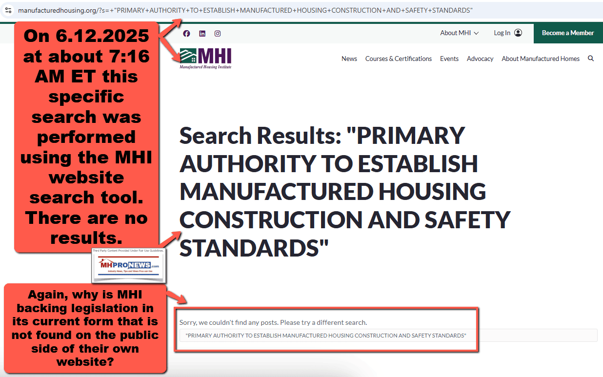 ManufacturedHousingInstituteManufacturedHousing.orgOnDraft 'PRIMARY AUTHORITY TO ESTABLISH MANUFACTURED HOUSING CONSTRUCTION AND SAFETY STANDARDS' MHProNews Fact Check