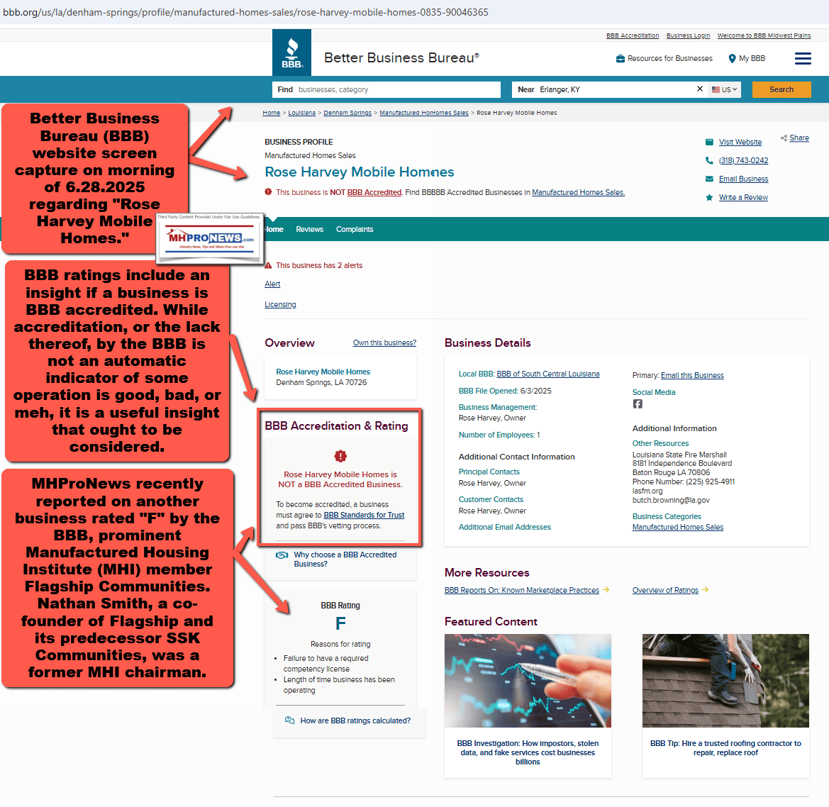 RoseHarveyMobileHomesBBB-RatingF-ScamAlert-WebpageScreenCapture6.28.2025-MHProNews