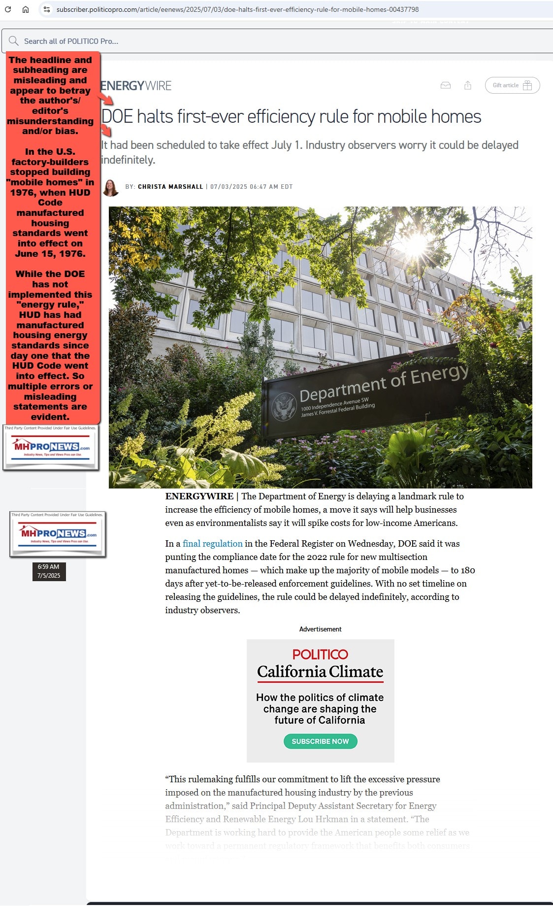 ChristinaMarshallPolitcoProEnergyWireDOEhaltsFirstEverEfficiencyRuleForMobileHomestHadBeenScheduledTakeEffectJuly1IndustryObserversWorryItCouldBe DelayedIndefinitelyMHProNews