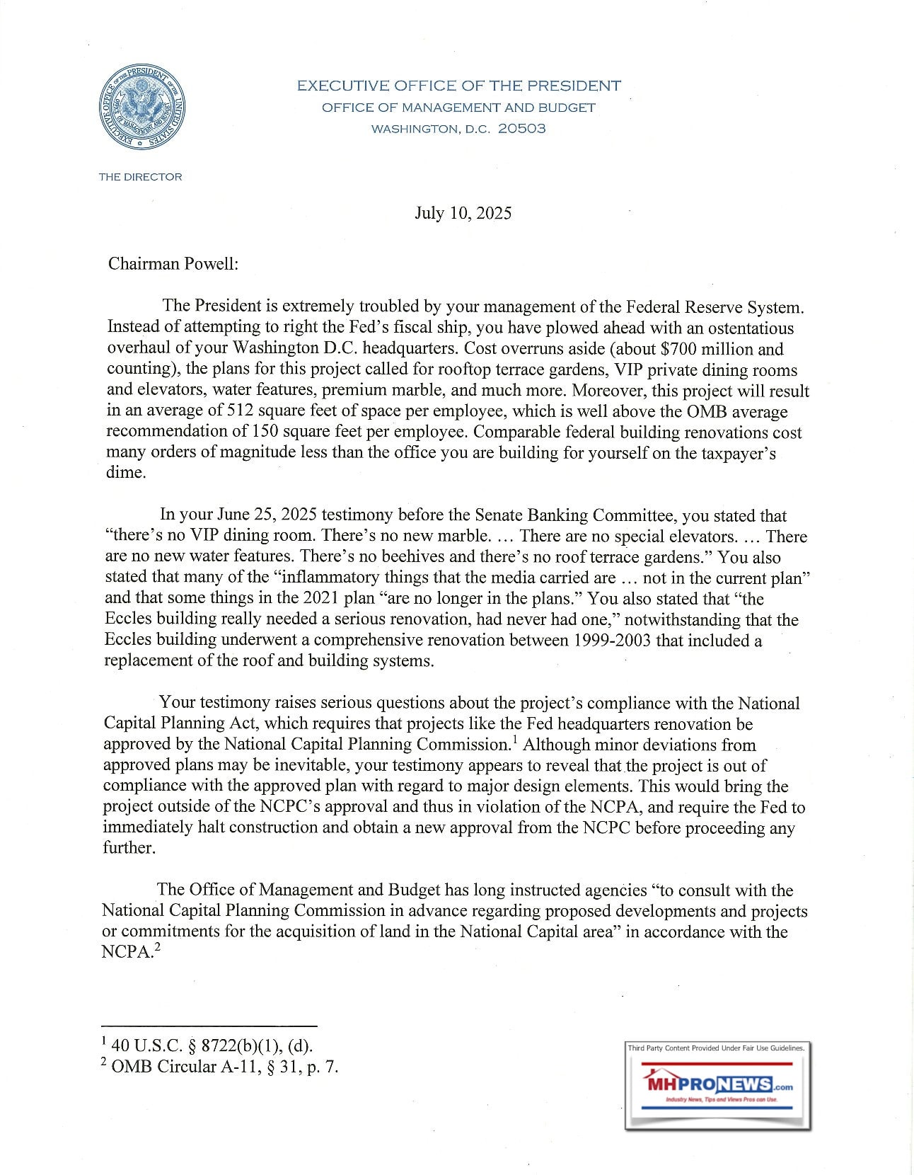 FederalReserveChairmanJeromePowellRussellVoughtOMBLetter7.10.2025-ManufacturedHomeProNews