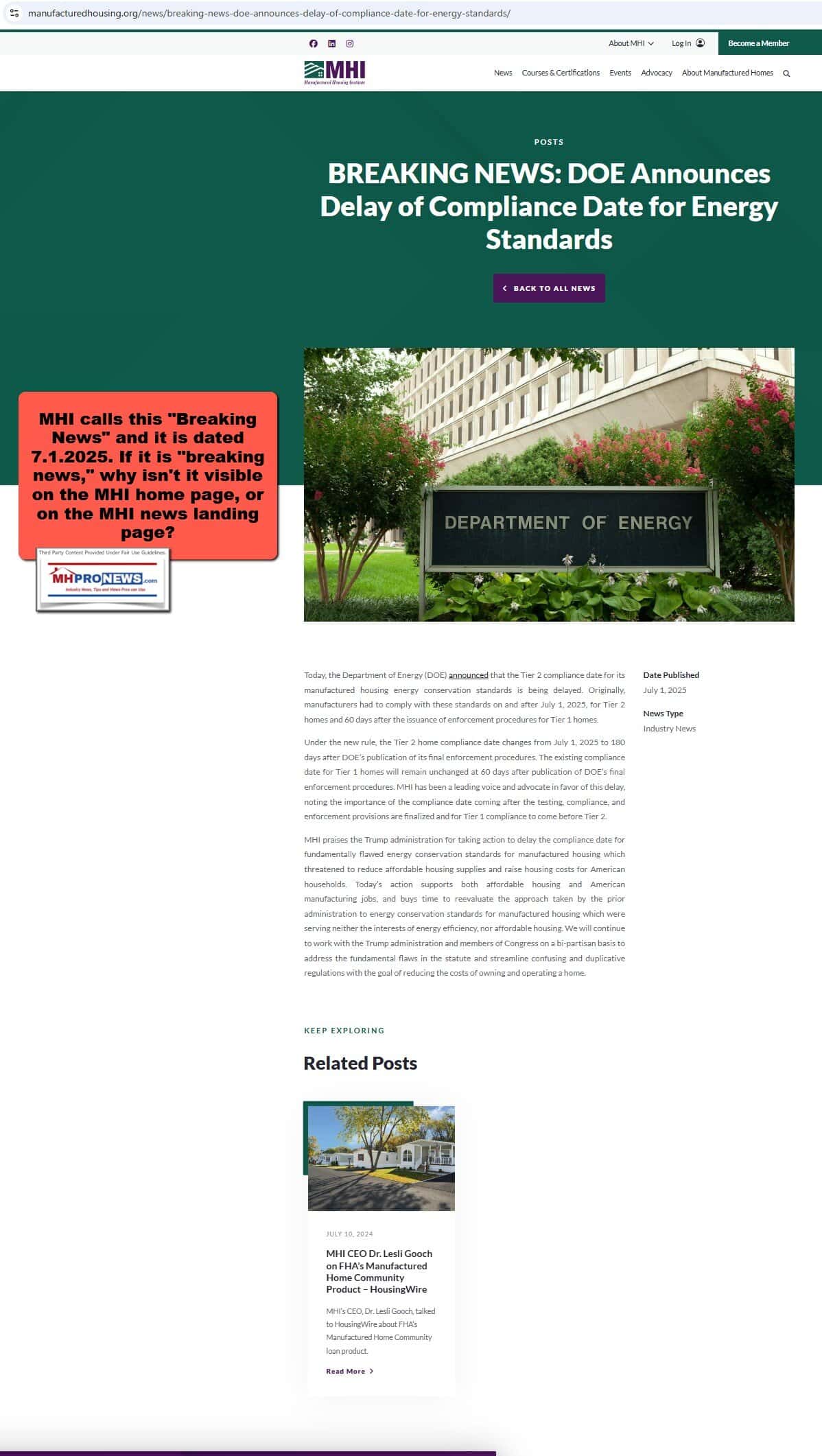 ManufacturedHousingInstituteBreakingNews-DOE-AnnouncesDelayInManufacturedHousingEnergyRuleStandards