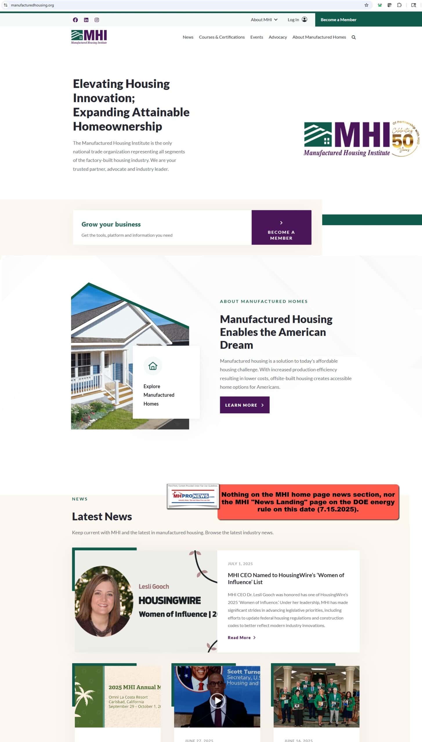 ManufacturedHousingInstituteMHI-homePage7.5.2025-IncludingNewsSectionManufacturedHomeProNewsFactEvidenceAnalysisFEA-MHProNewsCheck