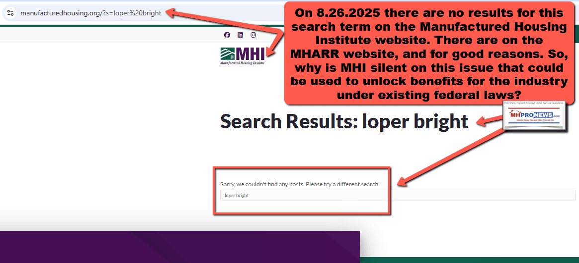 LoperBrightManufacturedHousingInstituteNOresultsButManufacturedHousingAssociationForRegulatoryReformHasLoperBrightResultsMHProNews