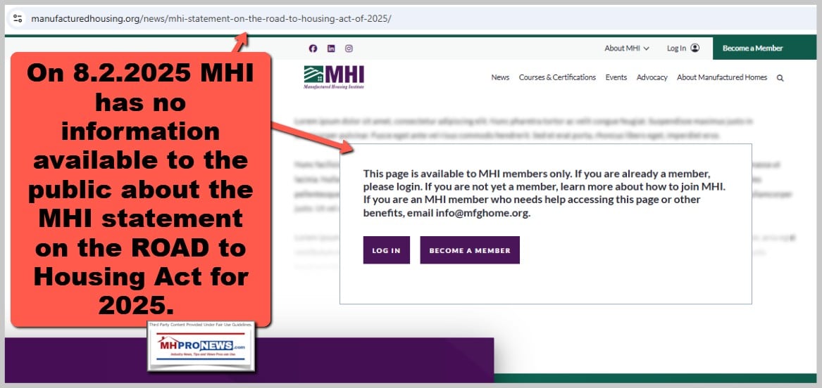 ManufacturedHousingInstituteMHI-websiteNoPubliclyAvailableStatementOnRoadToHousingAct2025-MHproNewsFactCheck8.2.2025