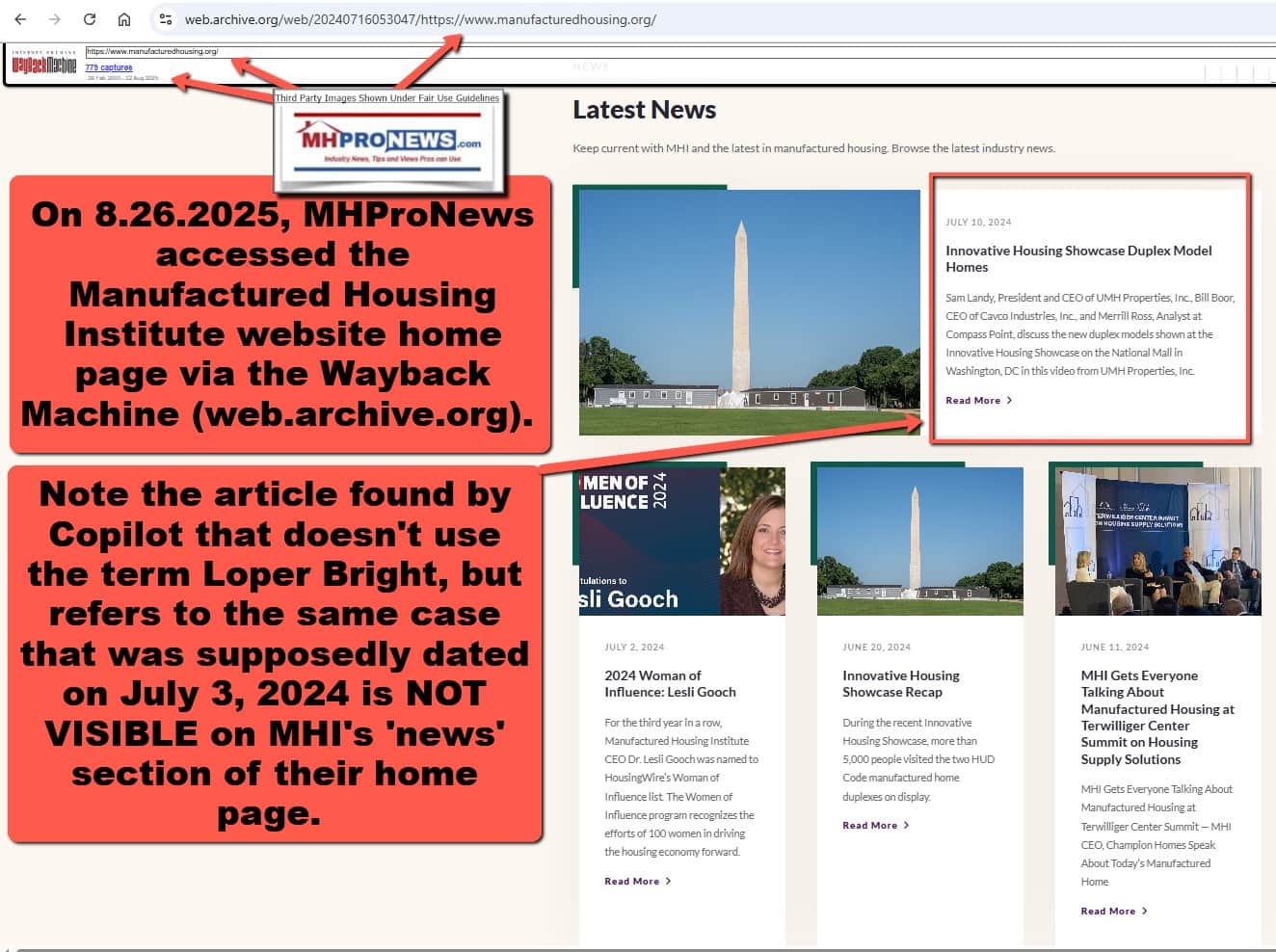 WaybackMachineInternetArchiveManufacturedHousingInstituteMHI-WebsiteNewsSegmentOn7.10.2025DOESnotShowLoperBrightCaseMHProNewsFactCheckAnalysis