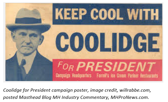 CalvinCoolidgewillrabbeKeepCoolWithCoolidgeCampaignPoster-ManufacturedHousingIndustryMastheadCommentary-MHProNews-