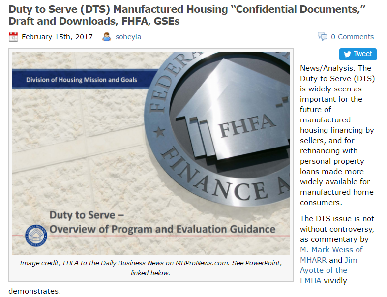 DutyToServeManufacturedHousingConfidentialDocumentsDraftsDownloadsFHFAGSEsPostedDailyBusinessNewsManufacturedHousingIndustryProNews