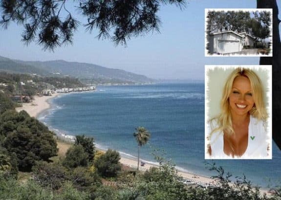 2Mil MH in Malibu next door to Pam Anderson3in1 Wikimedia and AOL RE, photo collage by MHProNews.com