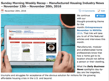 7sundaymorningweeklyrecapmanufacturedhousingindustrynewsnovmeber20thnov27th2016-postedtomanufacturedhousingindustrydailybusinessnewsmhpronews