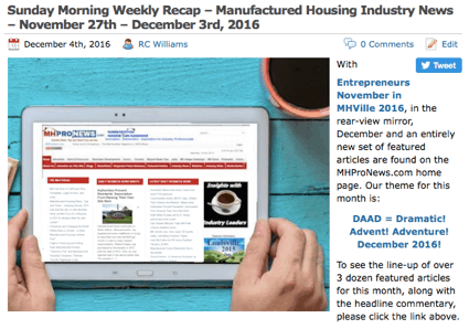 1SundayMorningWeeklyRecapManufacturedHousingIndustryNewsDec3rd2016Dec10th2016-postedtoManufacturedHousingIndustryDailyBusinessNewsMHProNews