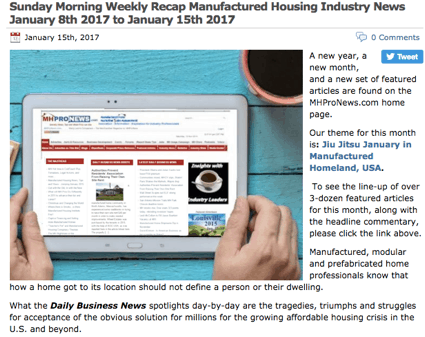 2SundayMorningWeeklyRecapManufacturedHousingIndustryNewsJanuary15th2017toJanuary22nd2017-postedtoManufacturedHousingIndustryDailyBusinessNewsMHProNews