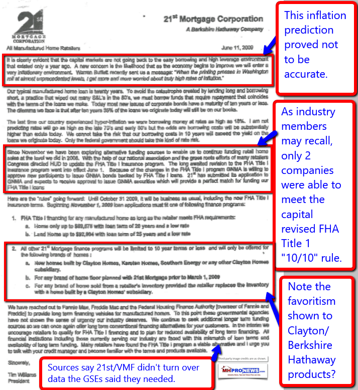 21stMortgageCorpTimWillamsJune112009LetterBerkshireHathawayWarrenBuffettClaytonHomesManufacturedHousingIndustryDailyBusinessNewsMHProNews
