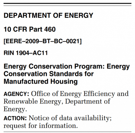 DOE10CFRPart460RIN1904-AC11.EnergyStandardsforManufacturedHosuingDailyBusinessNewsMHProNews