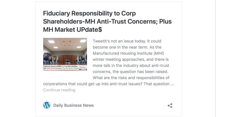 Fiduciary responsibility to corp shareholders mh anti trust concerns plus mh market update