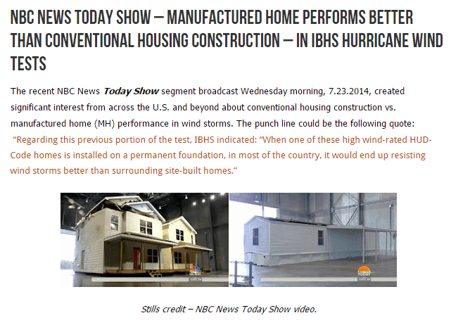 Nbcnewstodayshow manufacturedhomeperformsbetterthanconventionalhousingconstructionibhshurricanewindtests mhpronews com