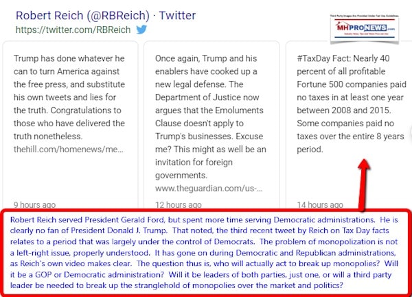 RobertReichTweetsMonopolizationofAmericaVIdeoPostDailyBusinessNewsMHProNews