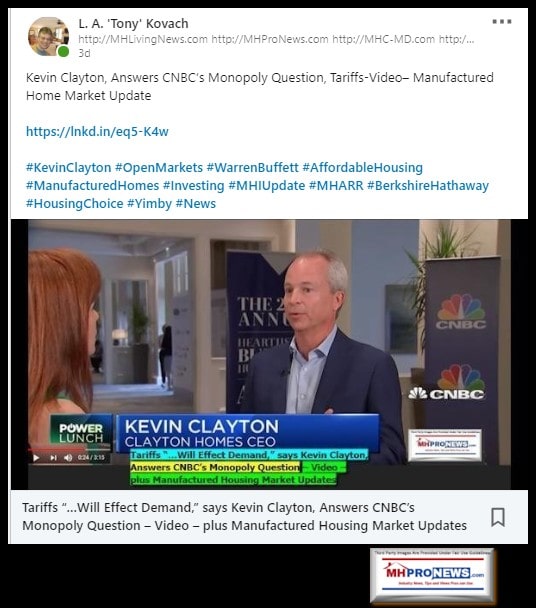 KevinClaytonAnswersCNBCsMonopolyQuestionLinkedInPostManufacturedHousingMHProNews