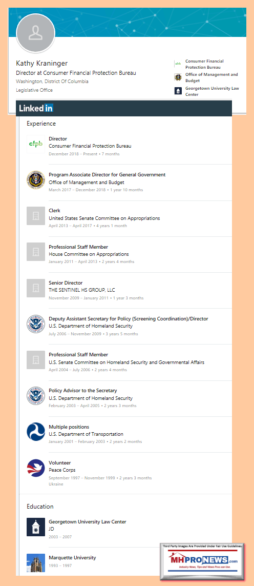 KatherineKathyKraningerDirectorConsumerFinancialProtectionBureauWashingtonDCLinkedInProlifeDailyBusinessNewsManufacturedHousingMHProNews