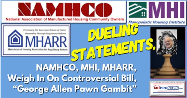 NAMHCOlogoMonopolisticManufacturedHousingInstituteLogoMHARRlogoGeorgeFAllenPawnNAMHCOMHIMHARRWeighInOnControversialBillGeorgeAllenPawnGambitMHProNews