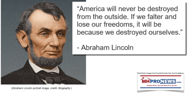 AbeLincolnQuoteAbrahamLincolnAmericaWillNeverBeDestroyedFromOUtsideIfFalterLoseFreedomsItwilBeDestoryedOUtselvesQuoteMHProNEws