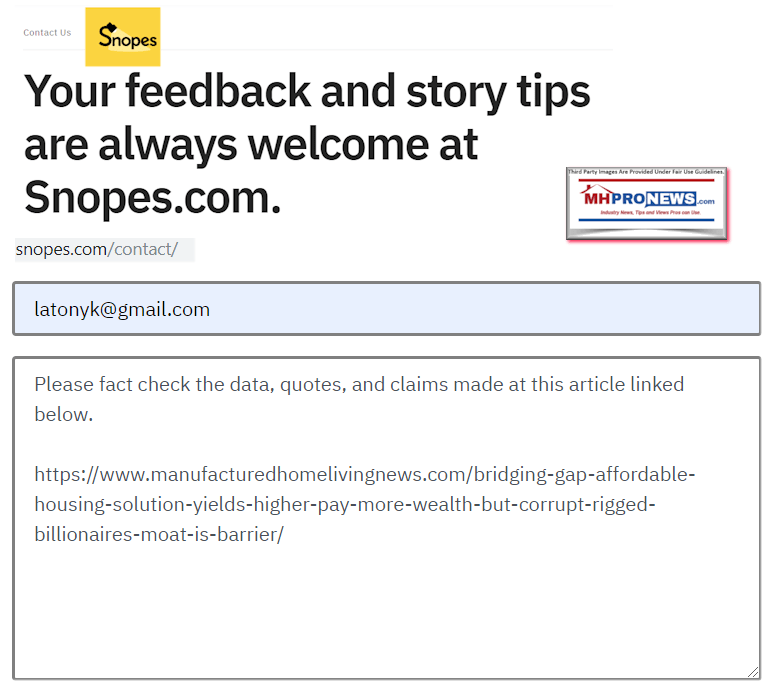 SnopesFeedbackStoryTipsManufacturedHomeProNews