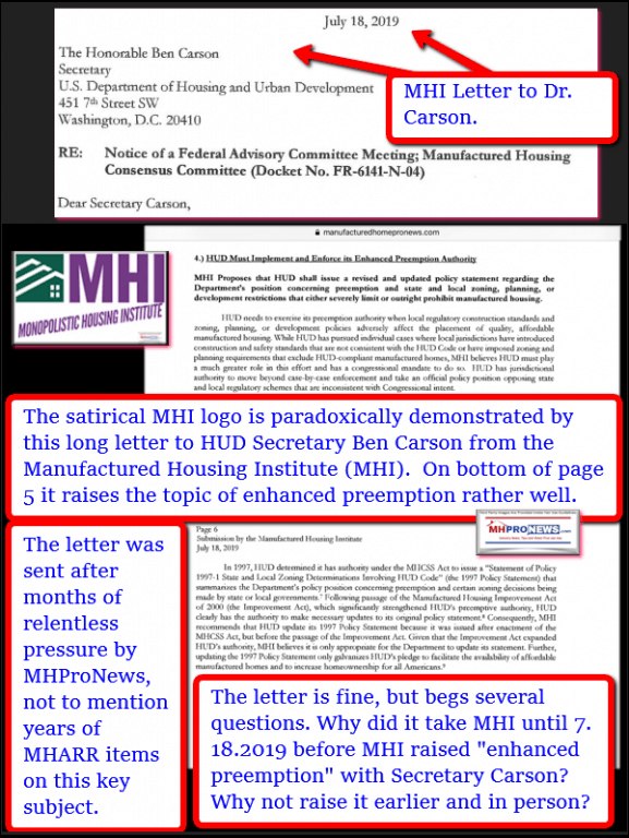 MonopolisticHousingInstituteMHIletterHUDSecretaryBenCarsonEnhancedPreemptionManufacturedHousingInstituteManufacturedHomeProNews