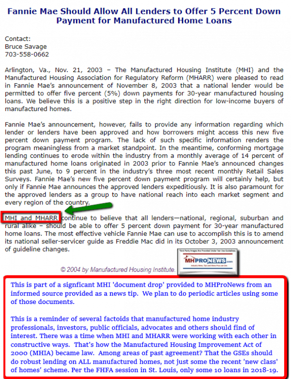 FannieMaeFreddieMac5PercentDownManufacturedHousingInstituteMHARRWorkingTogether2003MHproNewsLogo