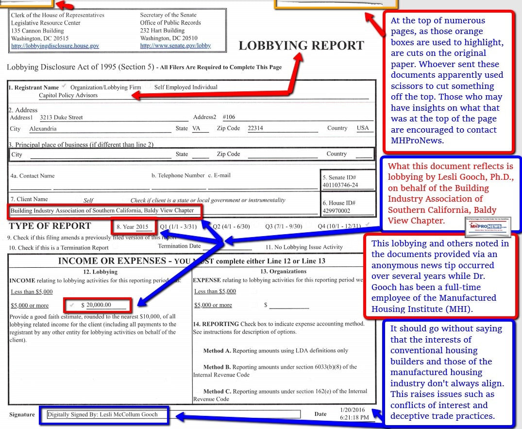 ScreenCaptureLobbyingReportLesliMcColumGoochPhD-MHIevp-BuildingIndustryAssocSoCalCapitolPolicyAdvisorsManufacturedHomeProNews