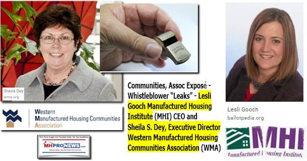 CommunitiesAssocExposé WhistleblowerLeaksLesliGoochPhotoManufacturedHousingInstituteLogoSheilaDeyPhotoExecutiveDirectorWesternManufacturedHousingCommunitiesAssociationLogoMHProNews