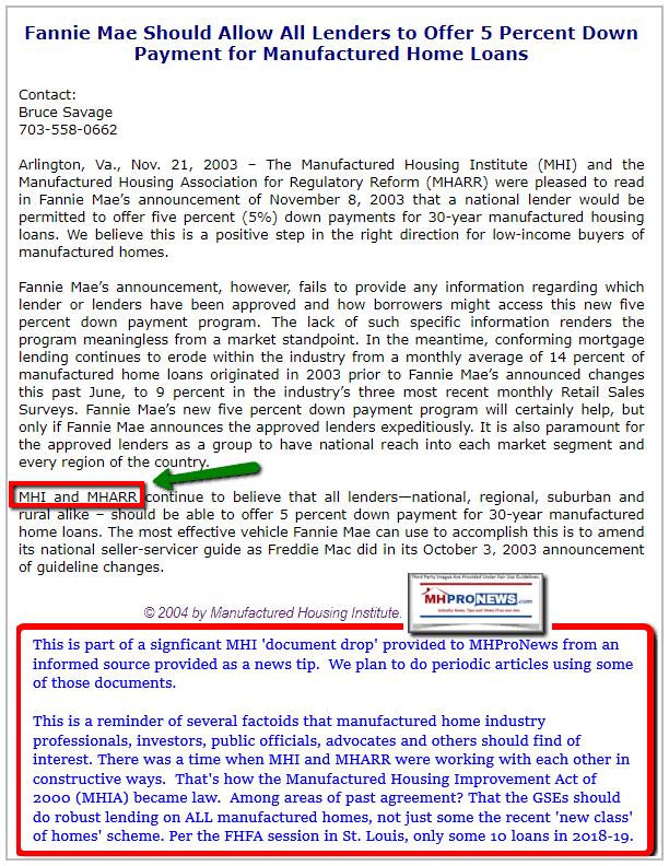 FannieMaeShouldAllowAllLendersMakeFivePercentDownManufacturedHomeLoans-BruceSavageNov212003ManufacturedHomeProNews