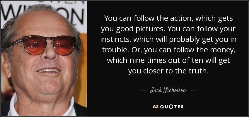 JackNicolsonQuoteYouCanFollowActionGoodMoviesFollowInstictsGetsYouinTroubleOrYouCanFollowTheMoney9TimesOutof10GetsYouCloserToTheTruthMHProNews