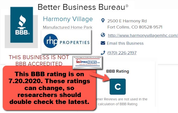 BBBBetterBusinessBureauRatingHarmonyVillageRHP-PropertiesLogoRHPRating=C-7.20.2020MHProNewsFactCheckLogo