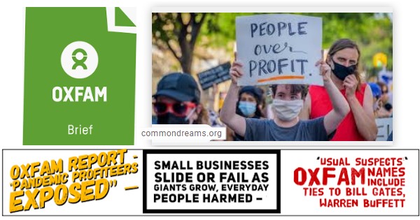 OxfamLogoReportPandemicProfiteersExposedSmallBizSlideFailGiantsGrowEverydayPeopleHarmedUsualSuspectsOxfamNamesIncludeTiesBill GatesWarrenBuffettGeorgeSorosMHProNews