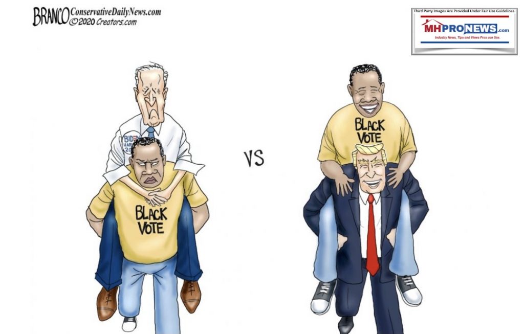 BrancoCartoonSadVPJoeBidenRidingSadBlackManVsHappyPresidentTrumpCarryingHappyBlackVoterMHProNews