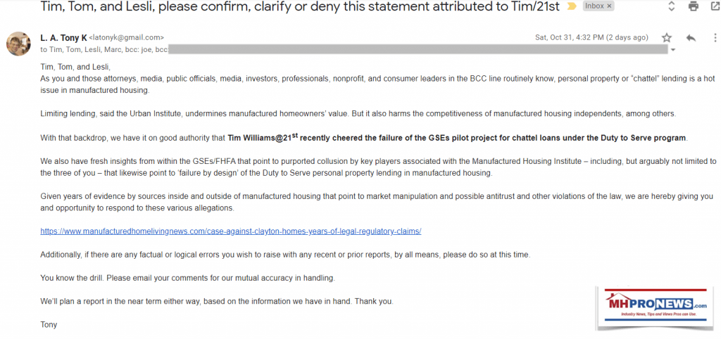 EmailToTimWilliams21stMortgageTomHodgesClaytonHomesMHIChairmanLesliGoochMHICEOAllegationTimWilliamsCheeredFailureofDTSChattelLoanPilotMHProNewsEmail