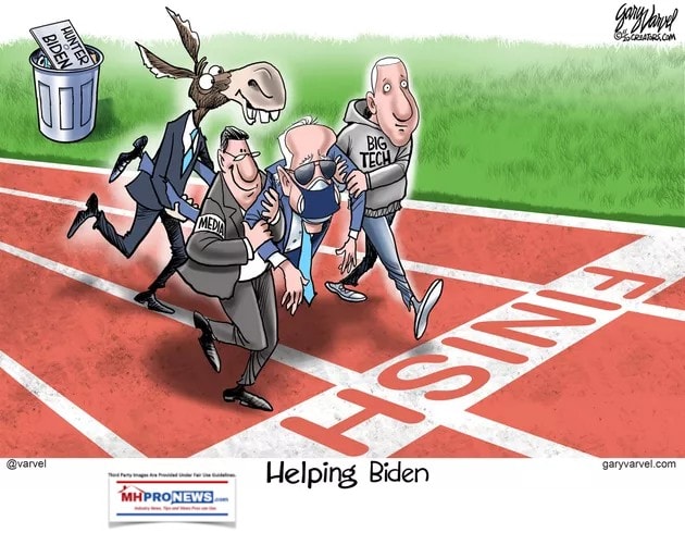 GaryVarvelPoliticalCartoonHelpingJoeBidenOverFinishLineBigMediaBigTechDemsMHProNews