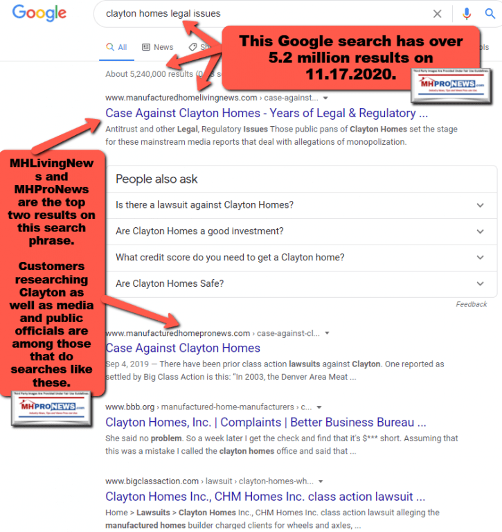 GoogleSearch11.17.2020ClaytonHomesLegalIssuesManufacturedHousingManufacturedHomeProNewsMHProNews
