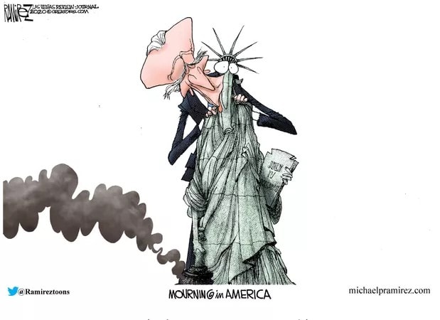 MichaelRamirezJoeBidenMorningInAmericaKissingNeckStatueOfLibertyMHProNews