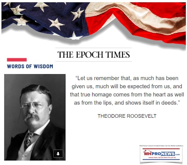 TheodoreTeddyRoosevelt26thPresidentPicQuoteMuchGivenMuchExpectedTrueHomageComesFromHeartLipsShowsItselfinDeedsQuoteableQuoteUSFlagEpochTimesLogoMHProNews