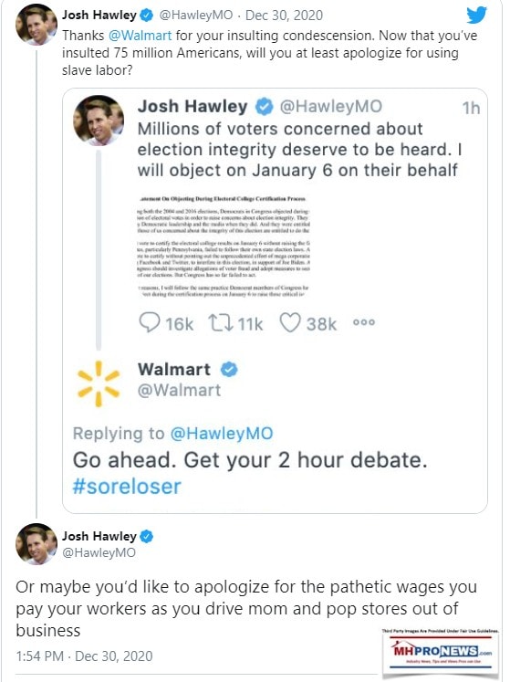 JoshHawleyWalmartTweetAboutElectionChallengeSoreLoserMHProNews