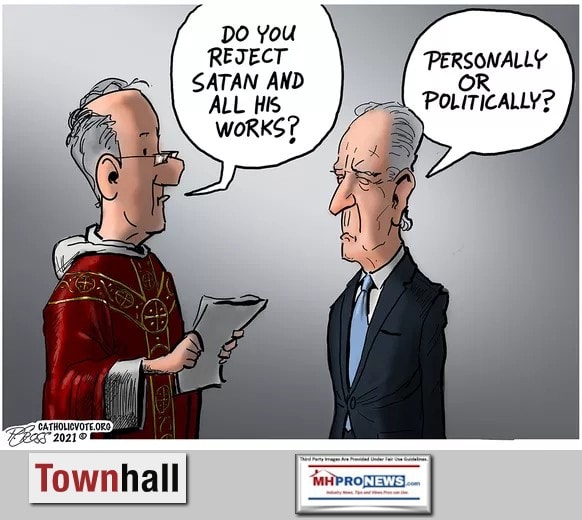 CatholicVoteCartoonPriestDoYouRejectSatanAndAllHisWorksBidenQuotePersonallyOrPoliticallyTownhallMHProNewsLOGOs