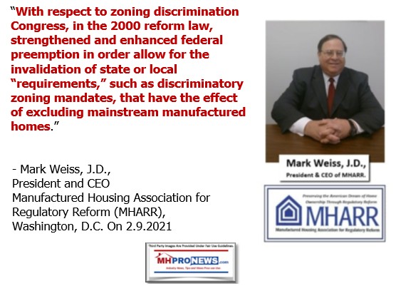 MarkWeissPhotoMHARRlogoQuoteZoningDiscriminationCongress2000ReformLawMHIA2000StrengthenFederalEnhancedPreemptionInvalidatedLocalStateZoningPlacementMandatestManufacturedHomestMHProNews